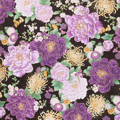 Majestic - Japanese Purple Large Floral Black Metallic Yardage