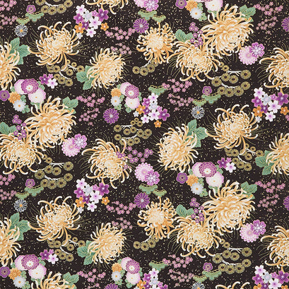 Majestic - Japanese Purple Medium Floral Black Metallic Yardage