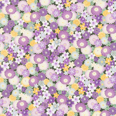 Majestic - Packed Japanese Purple Florals Black Metallic Yardage