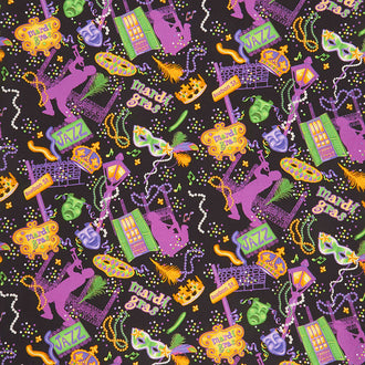 Mardi Gras - Bourbon Street Black Digitally Printed Yardage
