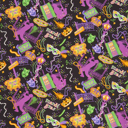 Mardi Gras - Bourbon Street Black Digitally Printed Yardage
