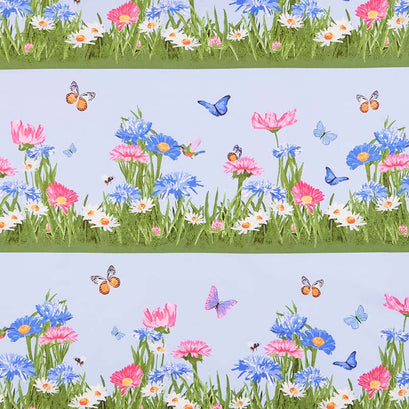 Meadow Meow - Grass Border Stripe Blue Yardage