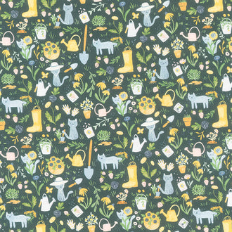Meant to Bee - Gardening Cats Navy Yardage