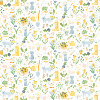 Meant to Bee - Gardening Cats White Yardage