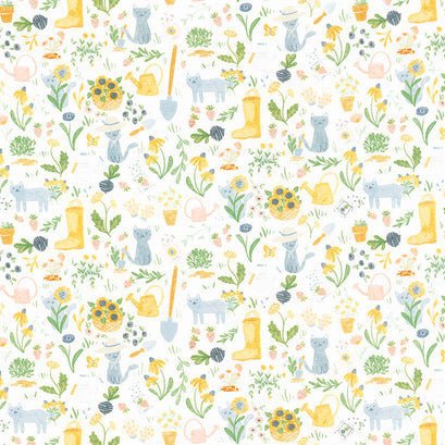 Meant to Bee - Gardening Cats White Yardage