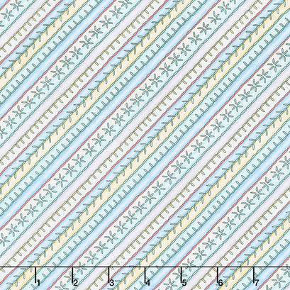 Measure Twice - Embroidered Bias Stripe Aqua Yellow Yardage