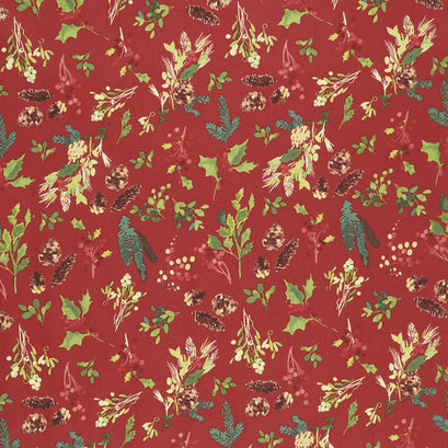 Merry & Bright - Pinecone Toss Red Metallic Yardage