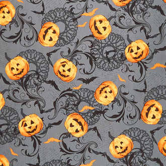 Midnight Haunt - Pumpkin Scroll Slate Yardage