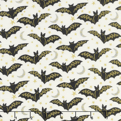 Midnight Spell - Bats Cream Metallic Yardage