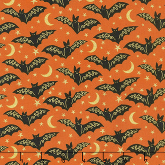 Midnight Spell - Bats Orange Metallic Yardage