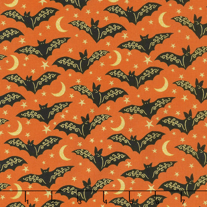 Midnight Spell - Bats Orange Metallic Yardage