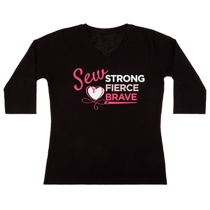Missouri Star Sew Brave Fitted V-Neck 3/4 Sleeve Black Shirt - Small