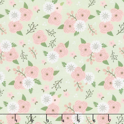 Modern Farmhouse - Modern Floral Sage Metallic Yardage