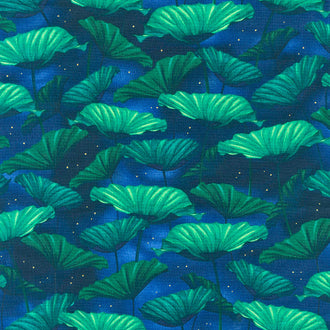 Moonlight Serenade - Moonlit Lily Pads Indigo Emerald Metallic Yardage