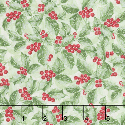 Noel - Holly Berries Green Metallic Yardage
