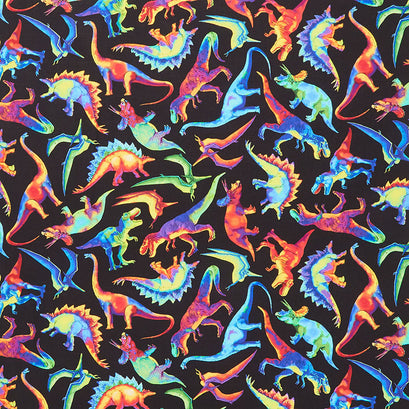 Novelty - Bright Rainbow Dinosaurs Black Yardage