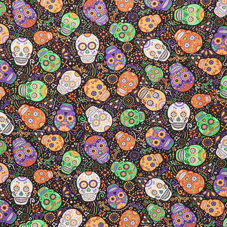 Novelty - Day of the Dead Mardi Gras Skulls Black Yardage