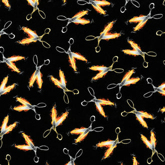 Novelty - Flaming Scissors Black Yardage