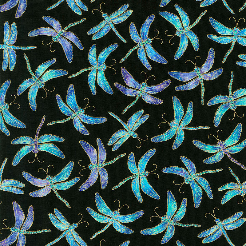 Novelty - Iridescent Dragonflies Black Metallic Yardage Primary Image