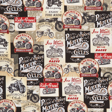 Novelty - Packed Motorcycle Signs Multi Yardage