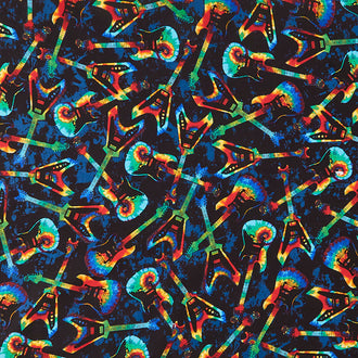 Novelty - Tie Dye Groovy Tossed Guitars Black Yardage