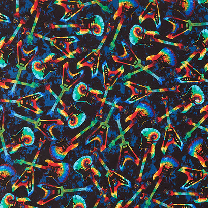 Novelty - Tie Dye Groovy Tossed Guitars Black Yardage