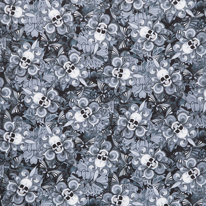Novelty - Tossed Skull Fleur De Lis Black Yardage