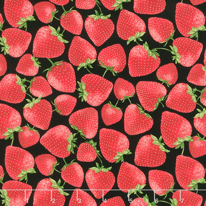 Novelty - Tossed Strawberries Black Yardage