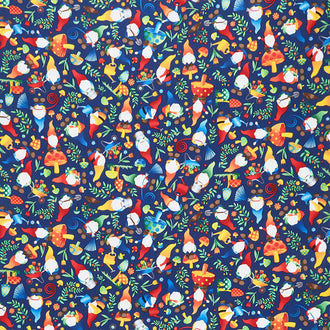 Novelty - Tossed Woodland Gnomes Navy Yardage