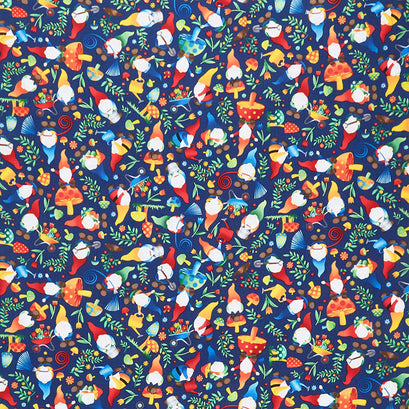 Novelty - Tossed Woodland Gnomes Navy Yardage