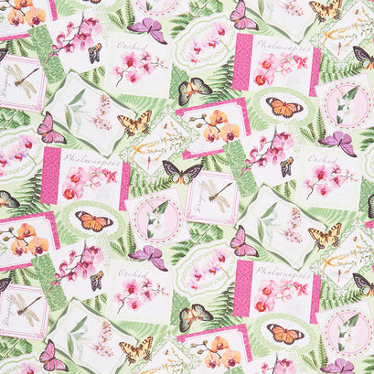 Orchids in Bloom - Orchid and Fern Medallion Toss Green Multi Digitally Printed Yardage