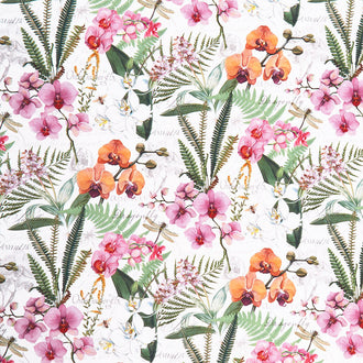 Orchids in Bloom - Orchids and Ferns Feature White Multi Digitally Printed Yardage