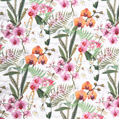 Orchids in Bloom - Orchids and Ferns Feature White Multi Digitally Printed Yardage