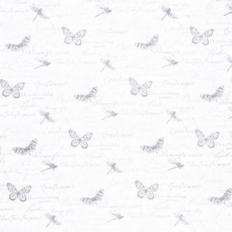 Orchids in Bloom - Script and Butterfly Toile White Gray Yardage