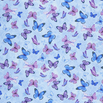 Pansy Paradise - Butterflies on Etched Pansies Blue Yardage