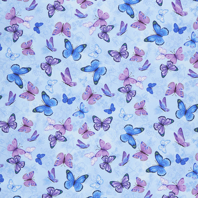 Pansy Paradise - Butterflies on Etched Pansies Blue Yardage