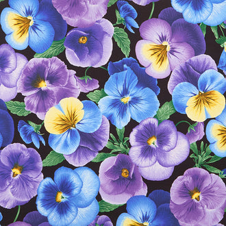Pansy Paradise - Large Pansies Black Yardage