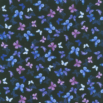 Pansy Paradise - Printed Butterflies Black Yardage