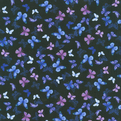 Pansy Paradise - Printed Butterflies Black Yardage