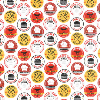Peace, Love and BBQ - Stamps White Multi Yardage