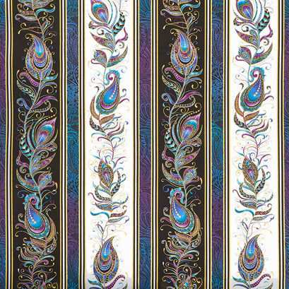 Peacock Flourish - Feather Stripe Black White Metallic Yardage