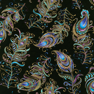 Peacock Flourish - Floating Feather Large Black Metallic Yardage