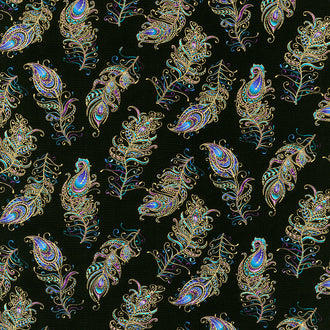 Peacock Flourish - Floating Feathers Small Black Metallic Yardage