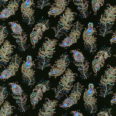 Peacock Flourish - Floating Feathers Small Black Metallic Yardage