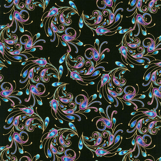 Peacock Flourish - Spin It Black Multi Metallic Yardage