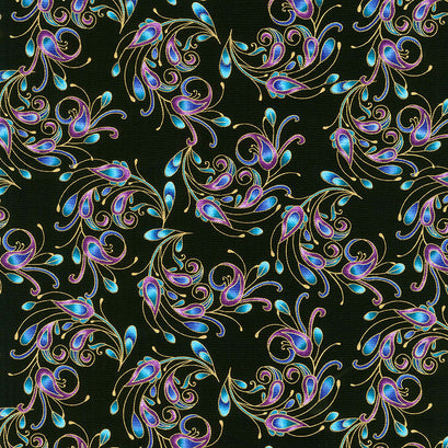 Peacock Flourish - Spin It Black Multi Metallic Yardage
