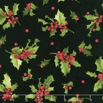 Poinsettia & Pine - Holly & Berries Black Yardage