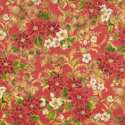 Poinsettias and Pine Metallic - Crimson Yardage