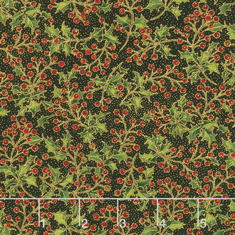 Poinsettias and Pine Metallic - Holly Berries Ebony Yardage