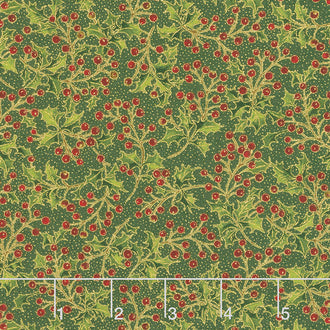 Poinsettias and Pine Metallic - Holly Berries Evergreen Yardage